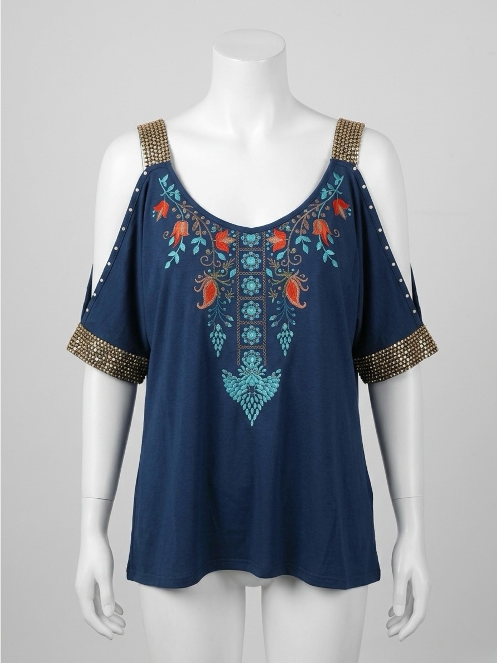 Kipfall Boho Embroidered Cold Shoulder Sequin Top XXL Blue